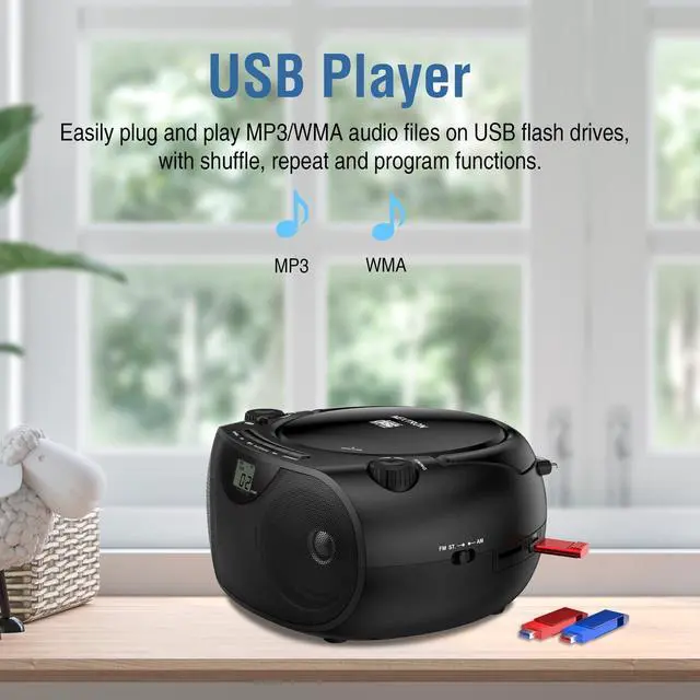 Alt view image 14 of 14 - Portable CD Player Bluetooth Boombox with AM/FM Radio, USB, AUX-in, Headphone Jack, CD-R/RW & MP3-CD Compatible, Stereo Sound with Bass Boost, AC/Battery Operated Black