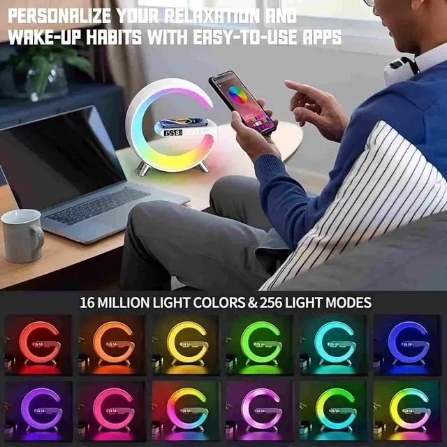 Alt view image 9 of 14 - Bluetooth Speaker Lamp with Wireless Charger, RGB Night Light, Alarm Clock, App Control - White