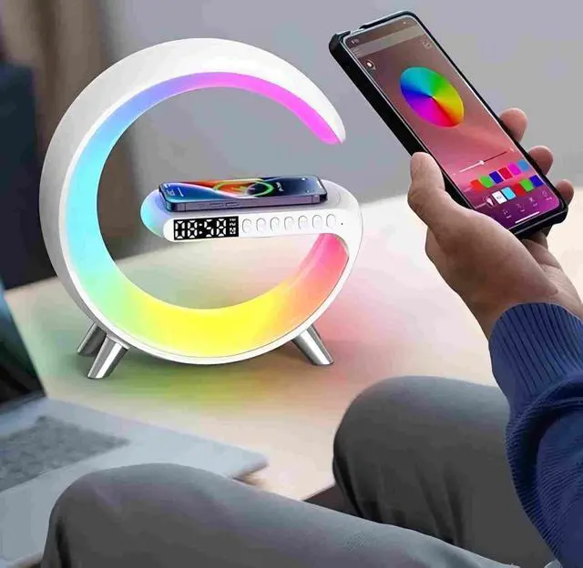 Alt view image 8 of 14 - Bluetooth Speaker Lamp with Wireless Charger, RGB Night Light, Alarm Clock, App Control - White