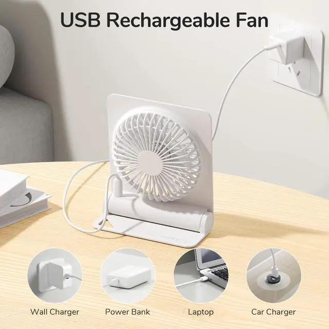 Alt view image 12 of 14 - Small Desk Fan, Portable Travel with 4500mAh Battery, USB Rechargeable Folding Design for Flexibility, Strong Quiet Wind with 4 Speed Modes, Ideal Gifts for Office/Home/Camping - White