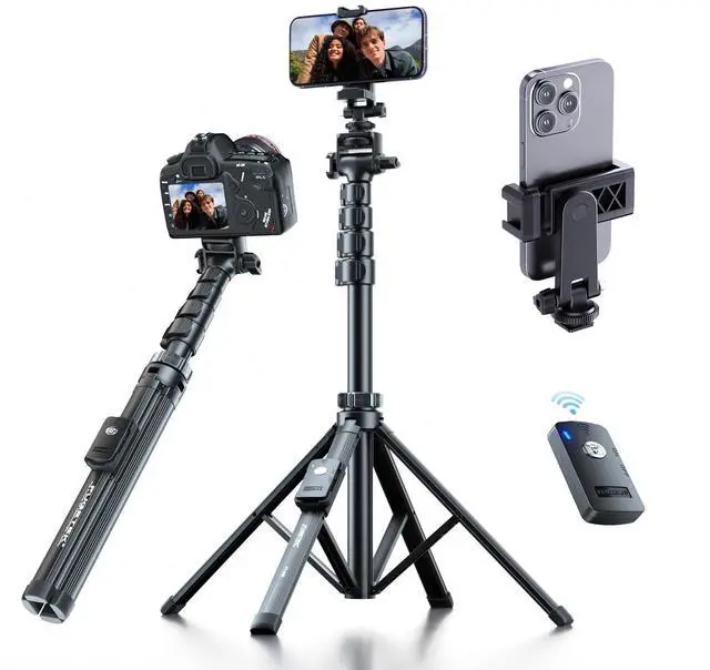 Alt view image 8 of 14 - 62" Professional Cell Phone Tripod, Ultra Stable 4 Leg Design, Bluetooth Remote, 100% All Aluminum Stick & Legs, Portable All in One, 360° Phone Mount with 2 Cold Shoe Slots, Non Skid Feet