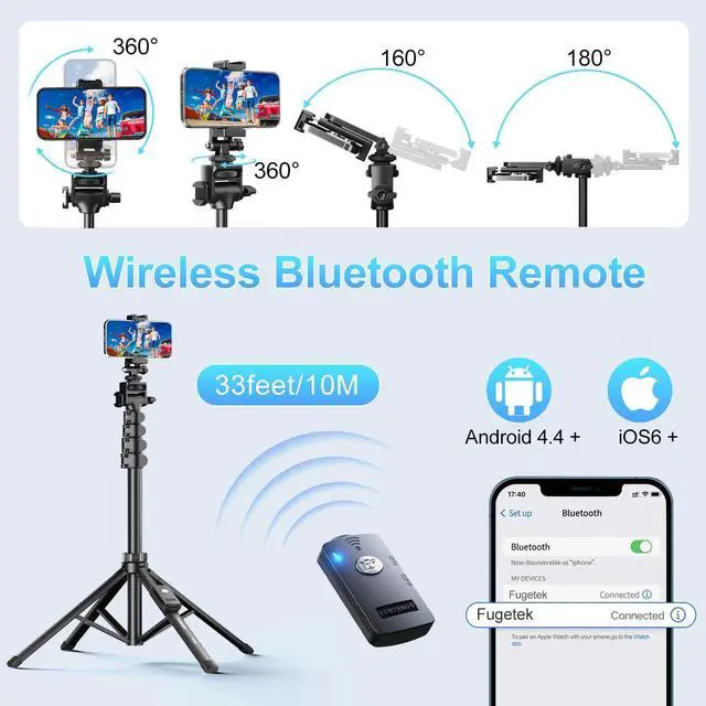 Alt view image 9 of 14 - 62" Professional Cell Phone Tripod, Ultra Stable 4 Leg Design, Bluetooth Remote, 100% All Aluminum Stick & Legs, Portable All in One, 360° Phone Mount with 2 Cold Shoe Slots, Non Skid Feet