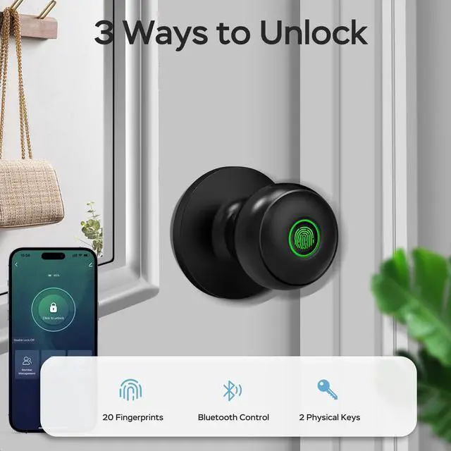Alt view image 10 of 14 - Fingerprint Door Lock for Bedrooms, Fingerprint Door Knob with Lock, Smart Door Lock, App Control, Back-up Keys, Thumbprint Door Knob for Bedrooms, Office, Apartment