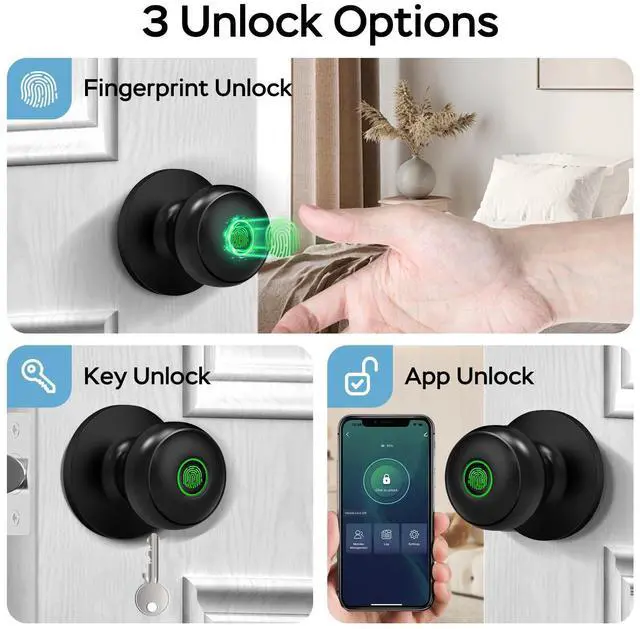 Alt view image 9 of 14 - Fingerprint Door Lock for Bedrooms, Fingerprint Door Knob with Lock, Smart Door Lock, App Control, Back-up Keys, Thumbprint Door Knob for Bedrooms, Office, Apartment