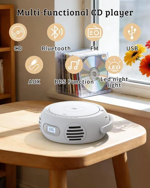 Alt view image 9 of 14 - CD Player Portable with Bluetooth, Boombox CD Players for Home with Stereo Sound & Bass Boost, FM Radio, USB/AUX Playback, LED Handle Light, Rechargeable Battery for Gift