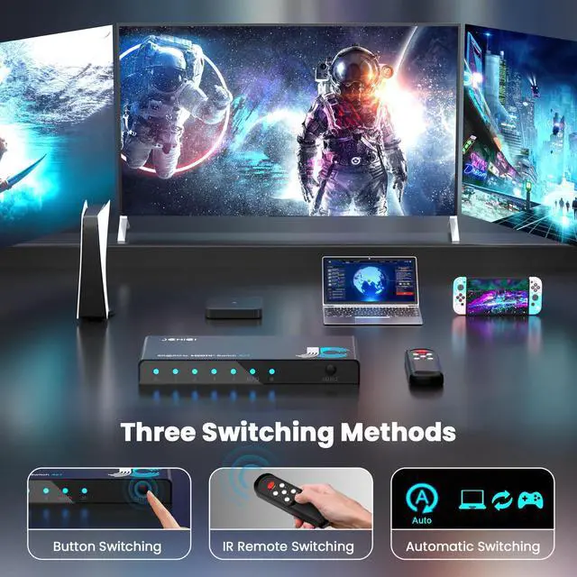 Alt view image 10 of 14 - HDMI 2.1 Switch 4 in 1 Out 8K@60Hz 4K@120Hz, 4 Ports HDMI Switcher Splitter Selector with Remote, Support HDCP 2.3 HDR 10+ Dolby Vision/Atmos 48Gbps CEC for Apple TV Game PC PS Pro Xbox Roku