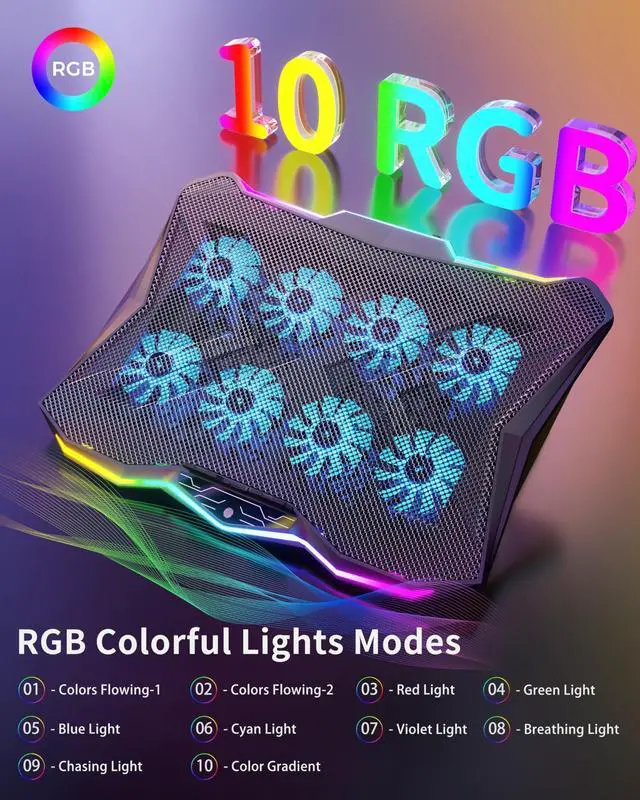 Alt view image 11 of 14 - Gaming Laptop Cooling Pad with 8 Fans, RGB Computer Stand for 15.6-17.3 Inch Notebook with 7 Height Slots, 2 USB Ports, AA3