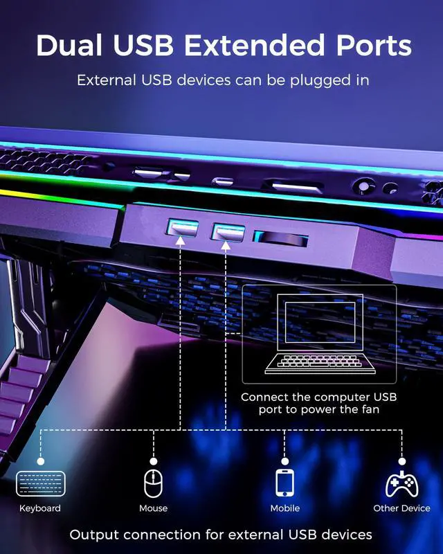 Alt view image 12 of 14 - Gaming Laptop Cooling Pad with 8 Fans, RGB Computer Stand for 15.6-17.3 Inch Notebook with 7 Height Slots, 2 USB Ports, AA3