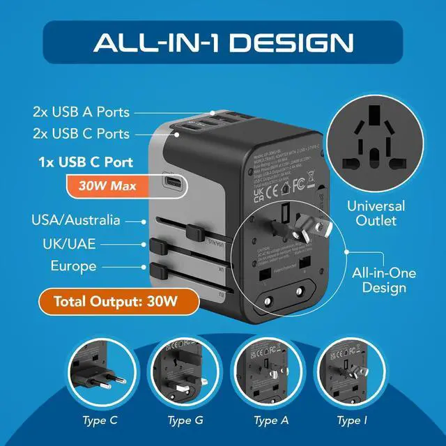 Alt view image 10 of 14 - Universal Travel Power Adapter, 6 in 1 Worldwide International Wall Charger with 2X USB-A - 3X USB-C 6A, Travel Power Adapter for for USA EU UK AUS Mobiles Laptops Cameras, UP-30KU-BL