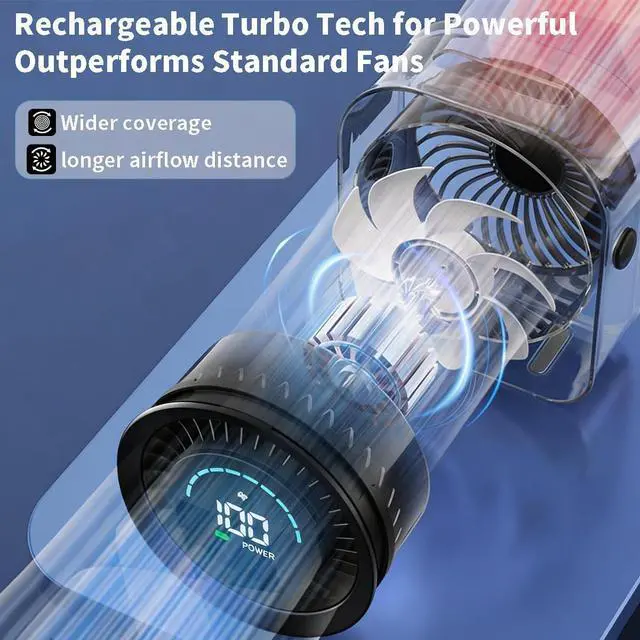 Alt view image 10 of 14 - Small Desk Fan, Quiet Desktop Fan with Turbo Airflow, Rechargeable Mini Table Fan 100 Speed Wind Adjustable, Travel Fan for Sleeping 90° Rotating, Portable Small Fans for Office Home Travel