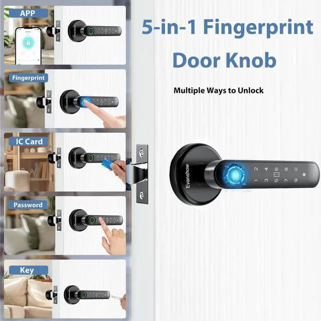 Alt view image 8 of 14 - Fingerprint Door Lock Biometric Door Knob with Keypad Keyless Entry, 5-in-1 Door Locks for Bedrooms(Fingerprint/App/Code/Key/IC Card), Home Hotel Office Apartment Black