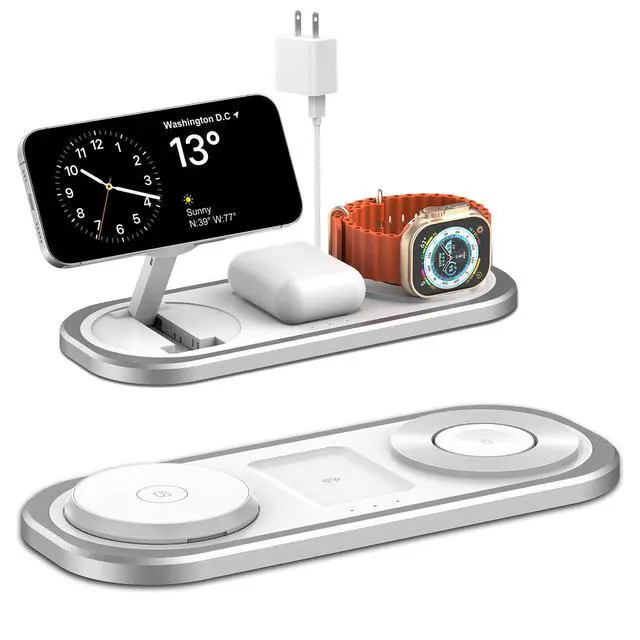Alt view image 8 of 14 - 3 in 1 Fast Wireless Charger Stand for iPhone, Foldable Travel Charging Station for Magsafe for iPhone 17/Air/16/15/14/13/12 Series, Apple Watch Series, AirPods pro/2/3/4, Gifts for Women Men (Silver)
