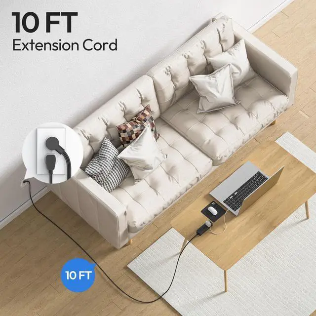 Alt view image 9 of 14 - Flat Extension Cord 10 ft, 1080 Joules Surge Protector Power Strip with 6 Widely Outlets 3 USB (1 USB C), Flat Plug Extension Cord Power Strip Long Cord for Home Office Dorm Room Essentials