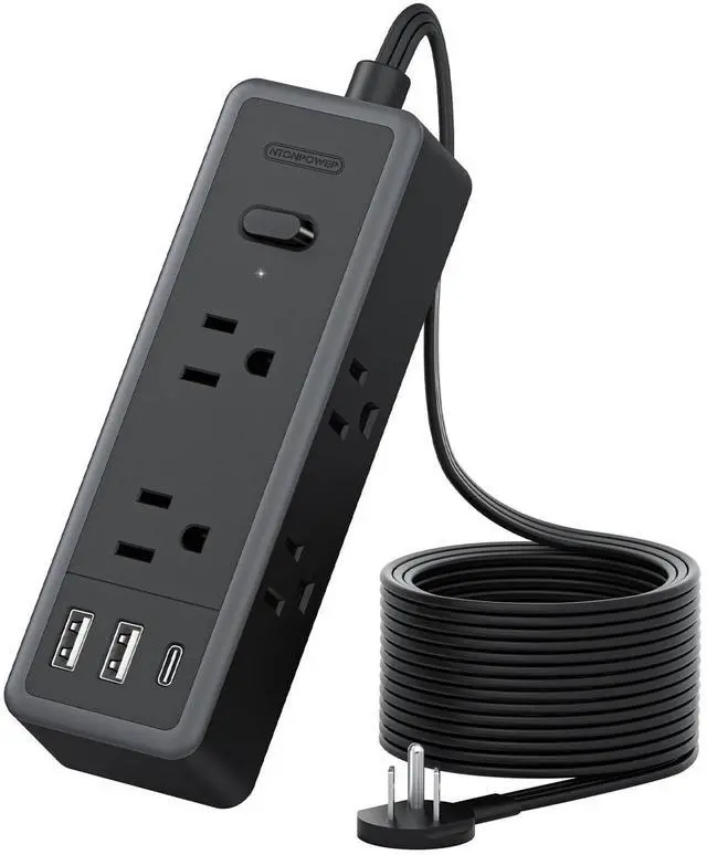 Alt view image 8 of 14 - Flat Extension Cord 10 ft, 1080 Joules Surge Protector Power Strip with 6 Widely Outlets 3 USB (1 USB C), Flat Plug Extension Cord Power Strip Long Cord for Home Office Dorm Room Essentials