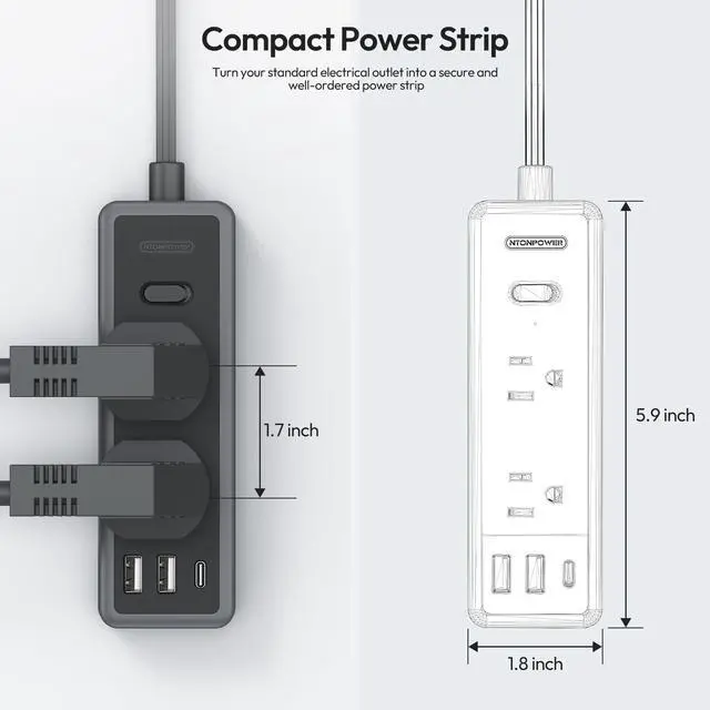 Alt view image 14 of 14 - Flat Extension Cord 10 ft, 1080 Joules Surge Protector Power Strip with 6 Widely Outlets 3 USB (1 USB C), Flat Plug Extension Cord Power Strip Long Cord for Home Office Dorm Room Essentials