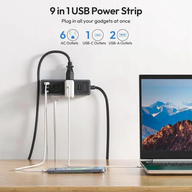 Alt view image 12 of 14 - Flat Extension Cord 10 ft, 1080 Joules Surge Protector Power Strip with 6 Widely Outlets 3 USB (1 USB C), Flat Plug Extension Cord Power Strip Long Cord for Home Office Dorm Room Essentials
