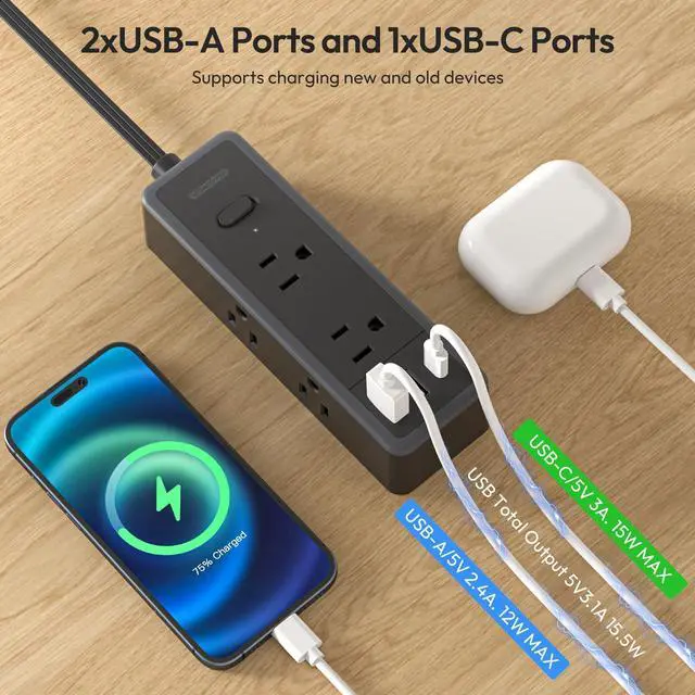 Alt view image 13 of 14 - Flat Extension Cord 10 ft, 1080 Joules Surge Protector Power Strip with 6 Widely Outlets 3 USB (1 USB C), Flat Plug Extension Cord Power Strip Long Cord for Home Office Dorm Room Essentials