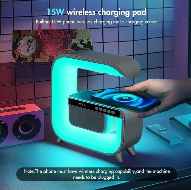 Alt view image 10 of 12 - Table Lamp with Hi-Fi Bluetooth Speaker, Bedside LED Lamp with Up to 15W Qi Wireless Charger, Color Changing Mood Lamp with Alarm Clock, Desk Lamp for Bedroom, Nightstand, Home Decor, Gift - g3