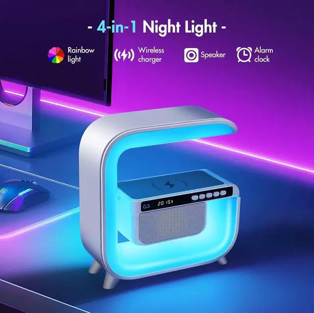 Alt view image 8 of 12 - Table Lamp with Hi-Fi Bluetooth Speaker, Bedside LED Lamp with Up to 15W Qi Wireless Charger, Color Changing Mood Lamp with Alarm Clock, Desk Lamp for Bedroom, Nightstand, Home Decor, Gift - g3