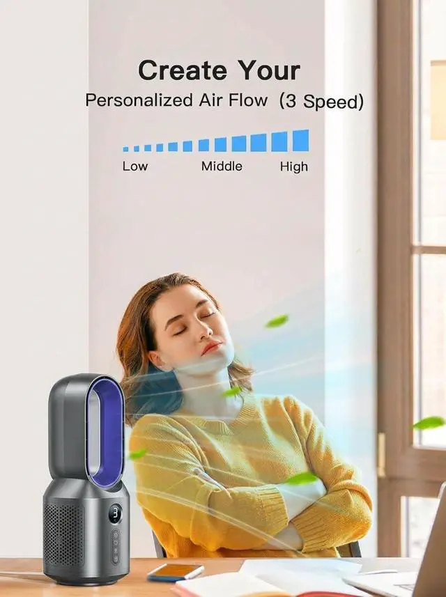 Alt view image 14 of 14 - 13 Inch Desk Fan Bladeless, Small Table Fan, 106° Oscillating Fan with 3 Speeds and Night Light, Quiet Desktop Fan for Personal, Bedroom, Office, Nightstand