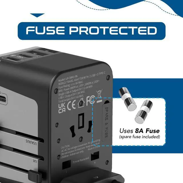 Alt view image 14 of 14 - Universal Travel Power Adapter, 6 in 1 Worldwide International Wall Charger with 2X USB-A - 3X USB-C 6A, Travel Power Adapter for for USA EU UK AUS Mobiles Laptops Cameras, UP-30KU-BL