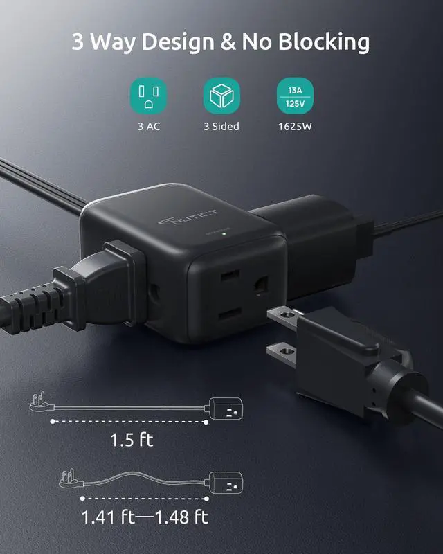 Alt view image 10 of 14 - Flat Extension Cord with 3 Outlets, 1.5ft Short Extension Cord, 900J Surge Protector, ETL Listed, 13A/1625W, Right Angle Flat Flexible Wall Plug, Ideal for Kitchen Bathroom Tight Spaces, Black