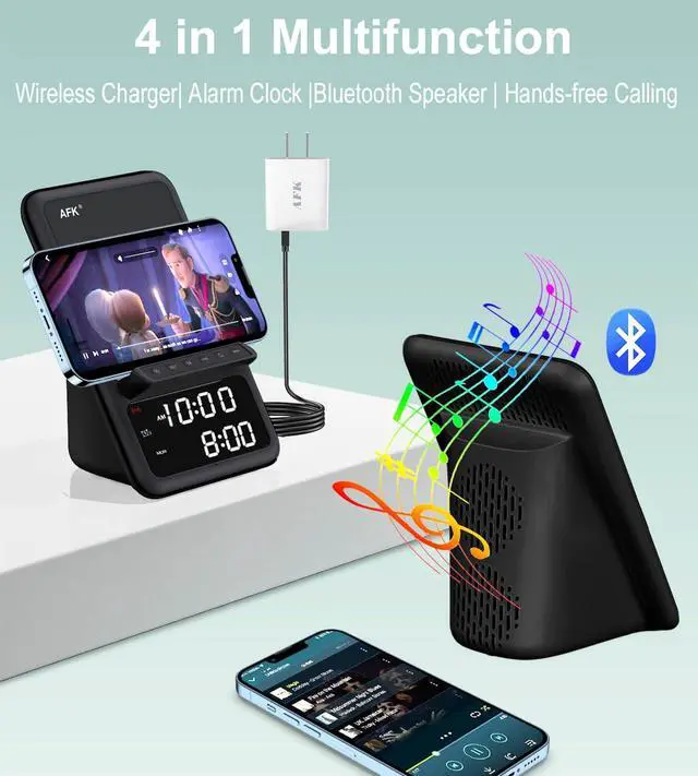 Alt view image 8 of 12 - Wireless Charging Station with Bluetooth Speaker and Alarm Clock,Wireless Charger Compatible with iPhone,Android Phones(Black)