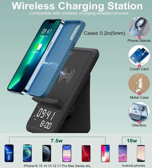 Alt view image 9 of 12 - Wireless Charging Station with Bluetooth Speaker and Alarm Clock,Wireless Charger Compatible with iPhone,Android Phones(Black)