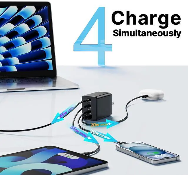 Alt view image 11 of 12 - 2 Pack 200W USB C Charger Block, Foldable 4-Port GaN5 Super Fast Charger USB C, Dual 65W Type C Charging Block, Laptop Fast Charging Adapter for MacBook Pro/Air, iPad, iPhone, Samsung Galaxy Black