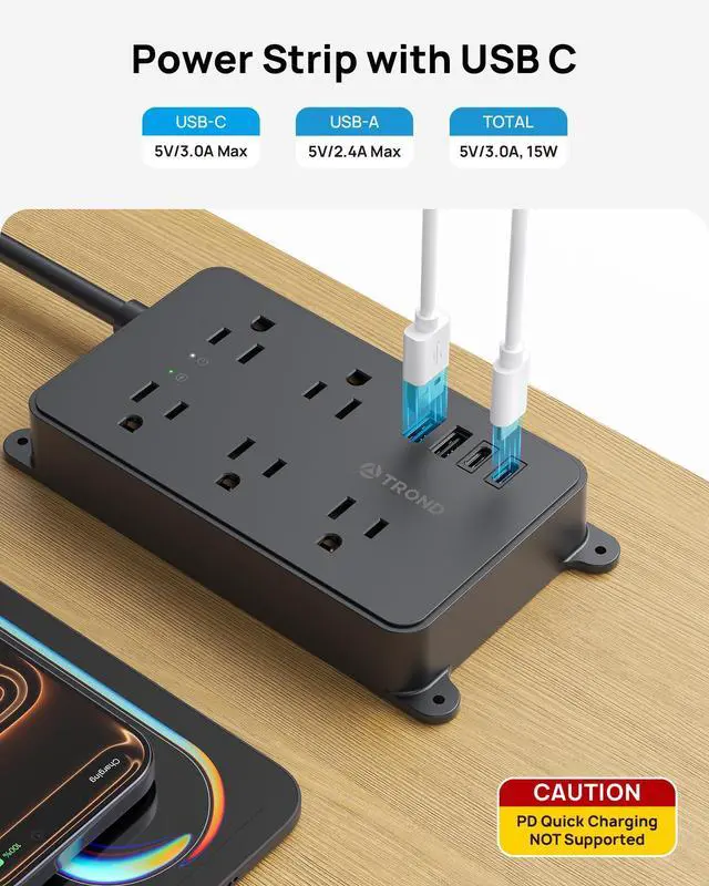 Alt view image 10 of 14 - Power Strip Surge Protector, 5 Widely-Spaced Outlets with 2 USB A and 2 USB C, ETL Listed, Wall Mountable, Flat Plug 5ft Extension Cord, 1300J, 14AWG Heavy Duty, for Office Kitchen, Black