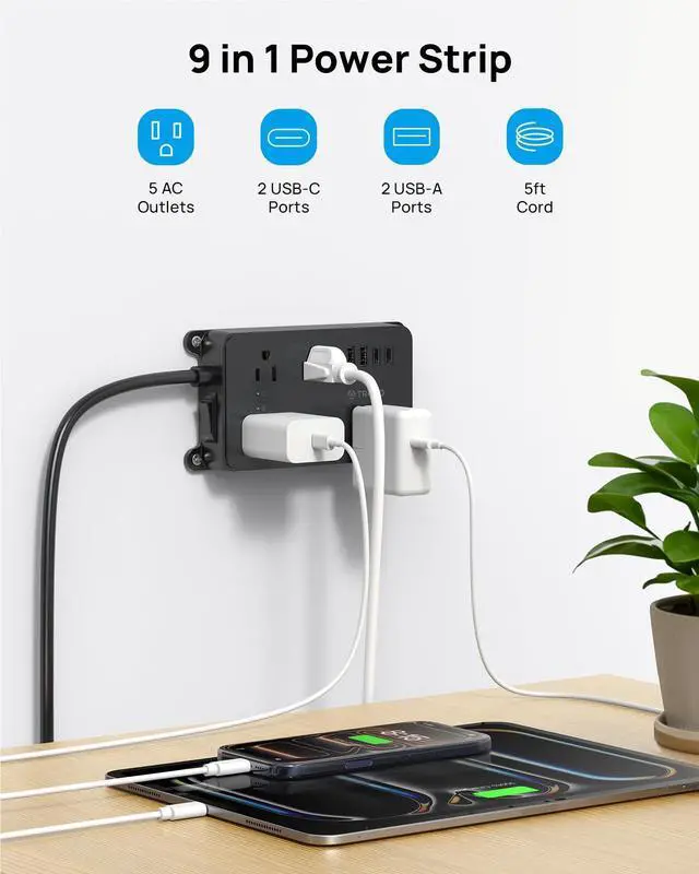 Alt view image 9 of 14 - Power Strip Surge Protector, 5 Widely-Spaced Outlets with 2 USB A and 2 USB C, ETL Listed, Wall Mountable, Flat Plug 5ft Extension Cord, 1300J, 14AWG Heavy Duty, for Office Kitchen, Black