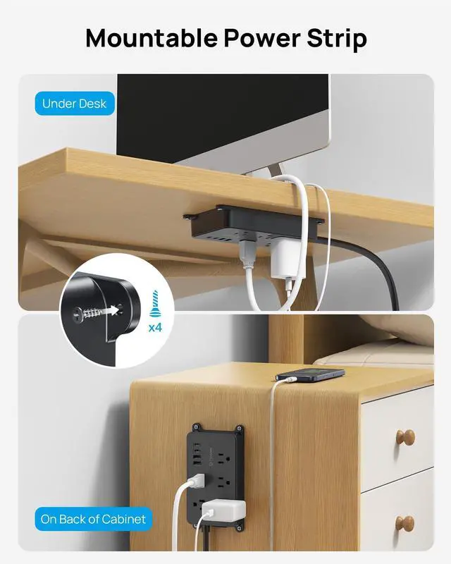 Alt view image 13 of 14 - Power Strip Surge Protector, 5 Widely-Spaced Outlets with 2 USB A and 2 USB C, ETL Listed, Wall Mountable, Flat Plug 5ft Extension Cord, 1300J, 14AWG Heavy Duty, for Office Kitchen, Black