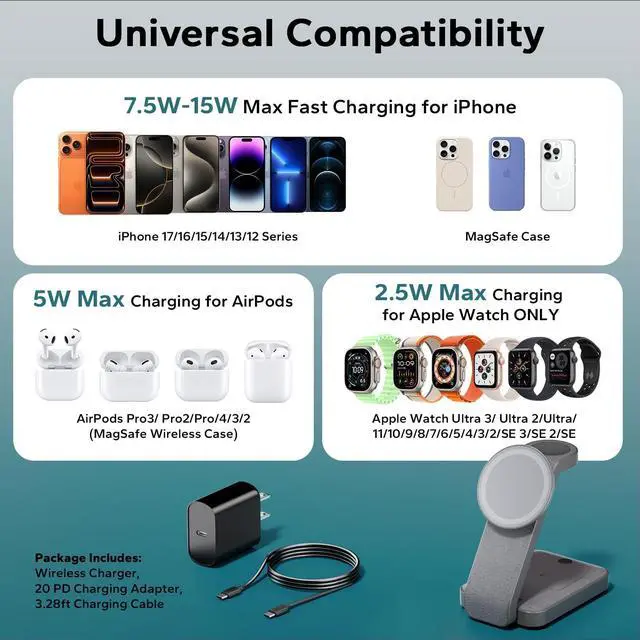 Alt view image 12 of 14 - 3 in 1 Foldable Wireless Charging Station for MagSafe, Nightstand Magnetic Charger Stand for iPhone 17 16 15 14 Pro Max, Travel Charging Dock with Night Light for Apple Watch/AirPods (Gray)