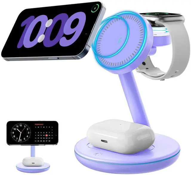 Alt view image 2 of 2 - 2026 3 in 1 Charging Station for Apple iPhone AirPods Watch with Mag-Safe Charger Wireless Charger Stand for iPhone 17 16 15 14 13 12 Series AirPods iWatch Series - Gifts for Wife & Husband(Purple)
