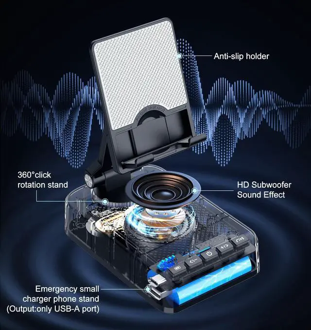 Alt view image 10 of 14 - Gifts for Men Women, Phone Stand with Bluetooth Speaker and Charging Function 360° Rotable Angle Adjustable Cell Phone Holder with HD Stereo Sound Fits All Phones,Tablet (Black)