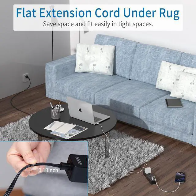 Alt view image 9 of 14 - Flat Extension Cord 15 Ft, Ultra Thin Flat Extension Cord Under Carpet, Rug, Door, Wall Mount Power Strip Flat Plug with 4 Outlets 3 USB(1 USB-C), Overload Protection for Home Office, Black