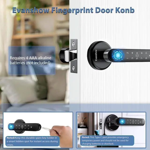 Alt view image 11 of 14 - Fingerprint Door Lock Biometric Door Knob with Keypad Keyless Entry, 5-in-1 Door Locks for Bedrooms(Fingerprint/App/Code/Key/IC Card), Home Hotel Office Apartment Black