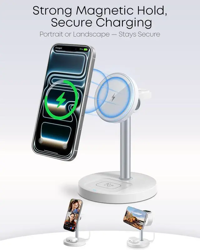 Alt view image 10 of 14 - 3 in 1 Magnetic Wireless Charging Station, 15W Fast Charger Stand for iPhone, Phone Charger Stand for Desk Nightstand, Compatible with iPhone 17/16/15/14, Apple Watch & AirPods, Adapter Not Included