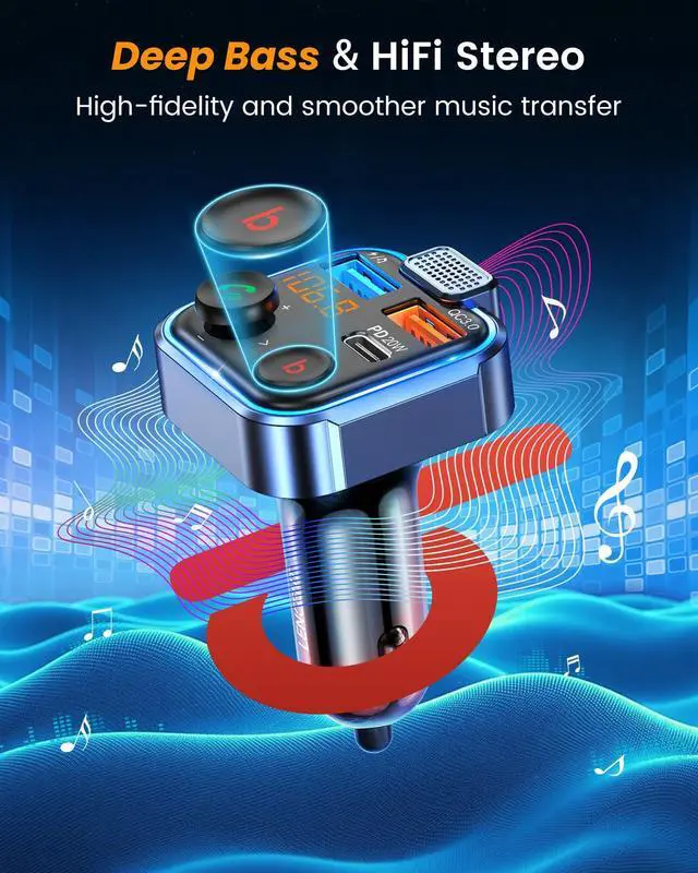Alt view image 10 of 14 - FM Transmitter in-Car Adapter, Type-C PD 20W+ QC3.0 Fast USB Charger, Wireless Bluetooth 5.3 Radio Car Kit, Hands-Free Calling, MP3 Player Receiver Hi Fi Bass, Support U Disk