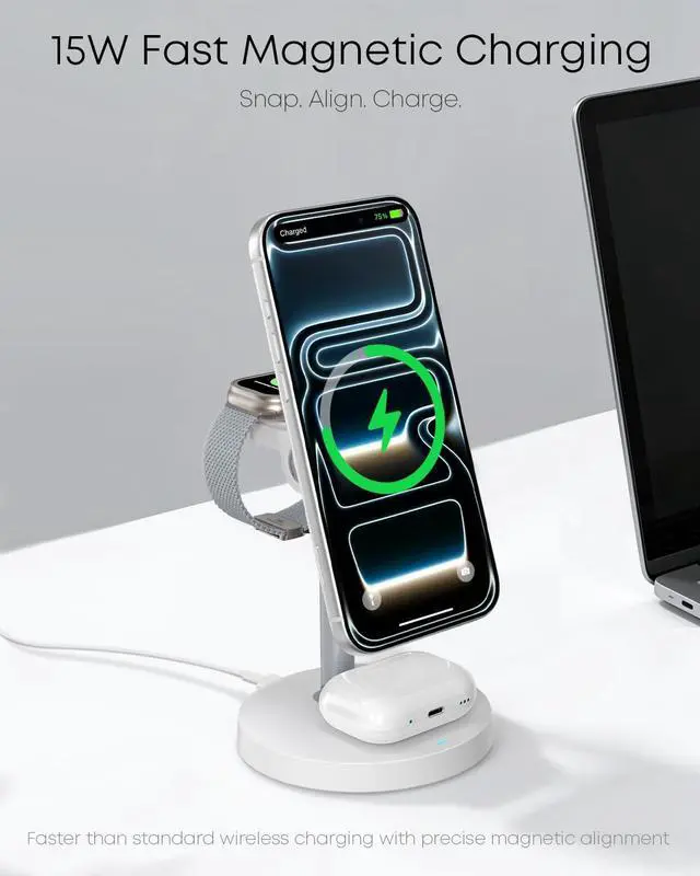 Alt view image 9 of 14 - 3 in 1 Magnetic Wireless Charging Station, 15W Fast Charger Stand for iPhone, Phone Charger Stand for Desk Nightstand, Compatible with iPhone 17/16/15/14, Apple Watch & AirPods, Adapter Not Included