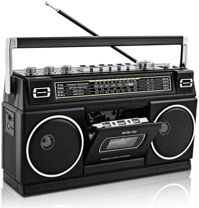 Alt view image 8 of 14 - Retro Classic 80s Style Portable Boombox with Cassette Player Recorder, AM/FM/SW1/SW2 Radio, Bluetooth, USB/Micro SD Slots, Headphone Jack, 24W Dual Full-Range High Bass Speakers