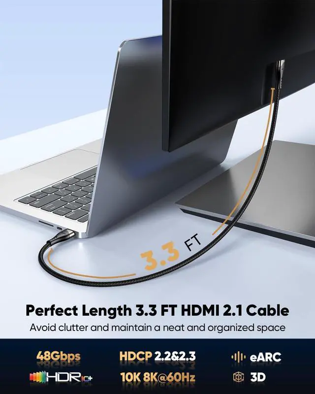 Alt view image 10 of 13 - 10K 8K HDMI Cable 3.3FT 2-Pack, 48Gbps High Speed HDMI 2.1 Cable 8K@60Hz, 4K@120Hz Nylon Braided HDMI Cord eARC, HDR10, HDCP2.2&2.3 for PS5/PS4, Monitor, Roku, HDTV, Laptop, PC, Blu-ray