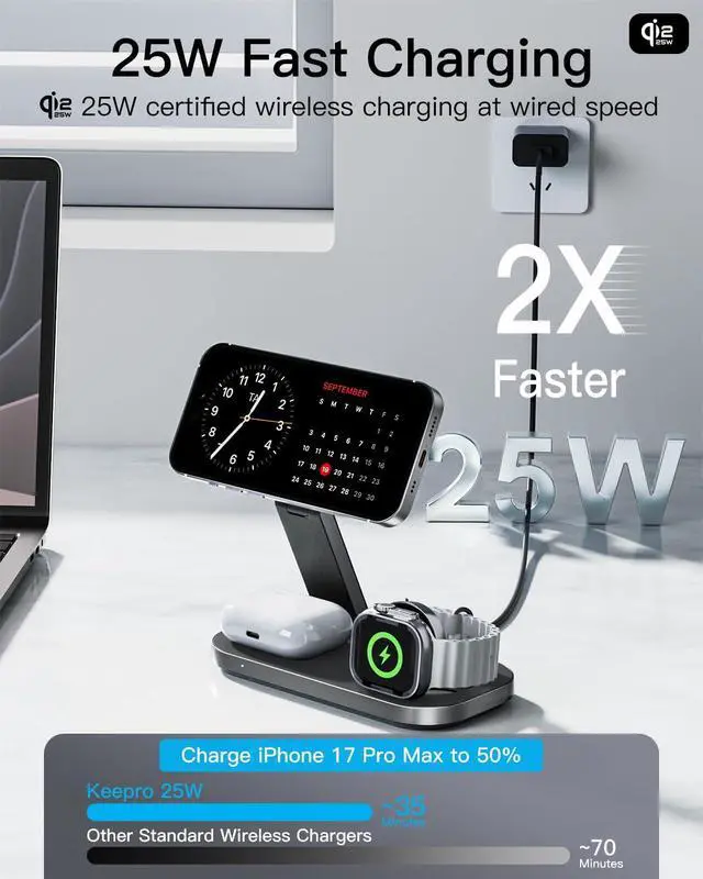 Alt view image 9 of 14 - 3-in-1 Charging Station for Apple Device, Qi2 25W Certified Magnetic Wireless Foldable Fast Charger Stand Compatible with MagSafe for iPhone 17e/17/16/15/14/13/12/Air Series, Apple Watch & AirPods
