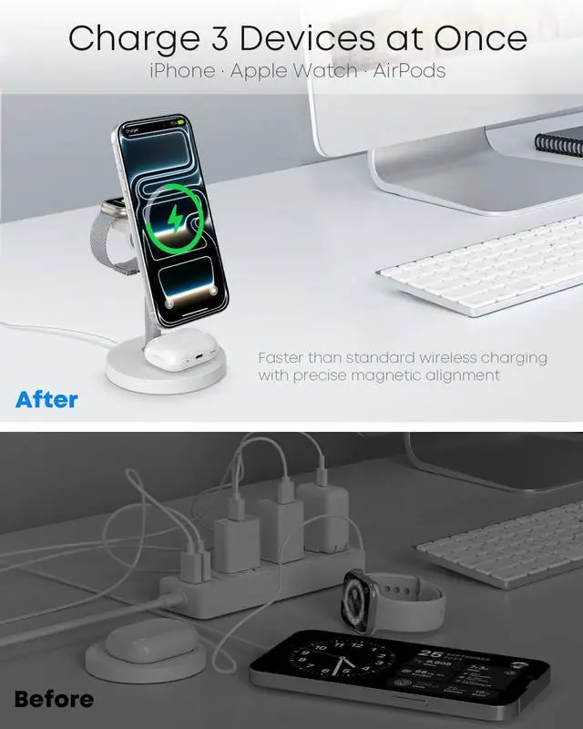 Alt view image 13 of 14 - 3 in 1 Magnetic Wireless Charging Station, 15W Fast Charger Stand for iPhone, Phone Charger Stand for Desk Nightstand, Compatible with iPhone 17/16/15/14, Apple Watch & AirPods, Adapter Not Included
