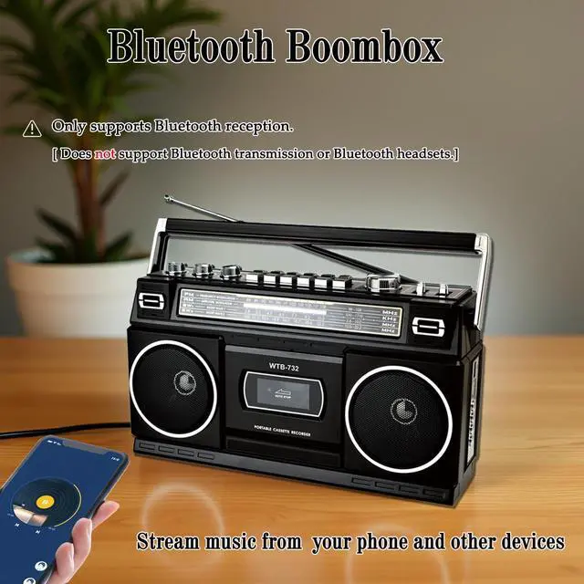 Alt view image 11 of 14 - Retro Classic 80s Style Portable Boombox with Cassette Player Recorder, AM/FM/SW1/SW2 Radio, Bluetooth, USB/Micro SD Slots, Headphone Jack, 24W Dual Full-Range High Bass Speakers