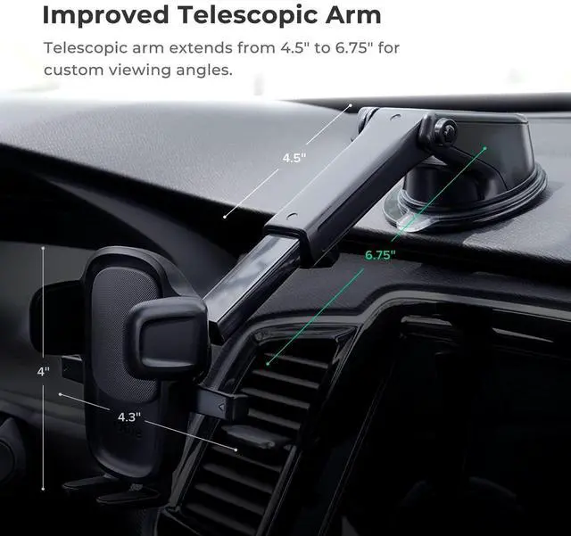 Alt view image 12 of 14 - Easy One Touch Signature Dashboard & Windshield Universal Car Mount Phone Holder Desk Stand with Suction Cup Base and Telescopic Arm for iPhone, Samsung, Google, More Smartphones