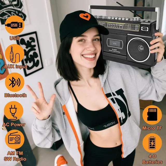 Alt view image 9 of 14 - Cassette Player Boombox with Bluetooth, AM/FM/SW Radio & Record to USB, 24W Stereo Sound, 4 Power Modes, Portable Retro Stereo for Indoor Outdoor, Classic Black