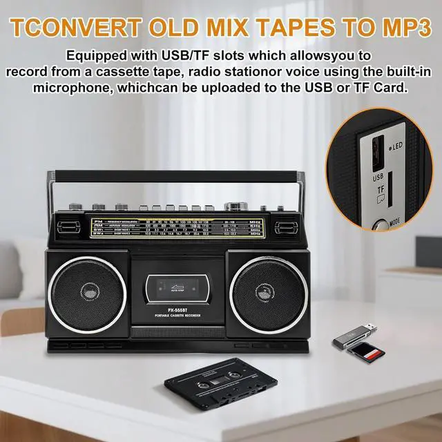 Alt view image 11 of 14 - Cassette Player Boombox with Bluetooth, AM/FM/SW Radio & Record to USB, 24W Stereo Sound, 4 Power Modes, Portable Retro Stereo for Indoor Outdoor, Classic Black