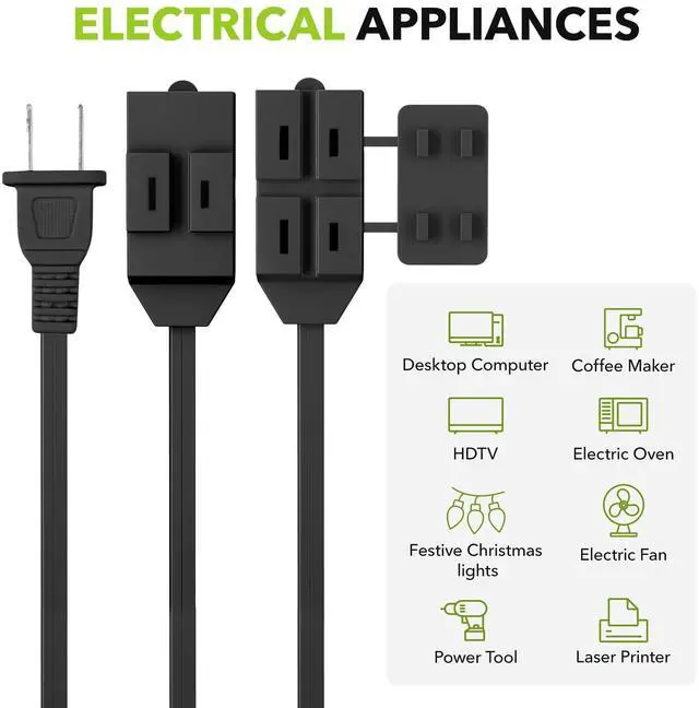 Alt view image 14 of 14 - Extension Cord, 3-Pack 6FT Black, 2 Prong Indoor Extension Cord 16/2 SPT-2, 13A, 1625 W, 3-Outlet Extension Cords for Home/Office Use