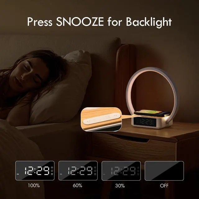 Alt view image 10 of 14 - Bedside Lamp with Alarm Clock,Touch Lamp with Wireless Charger,Nightlight for Bedroom,Sunrise Wake-up Light,3-Grade Dimmable,Birthday Gifts for Her,Women,Men,Mom,Daughter,Girlfriend(Wood Grain)